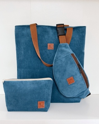 Sztruksowy zestaw - duża torba, nerka i kosmetyczka - NAVY BLUE