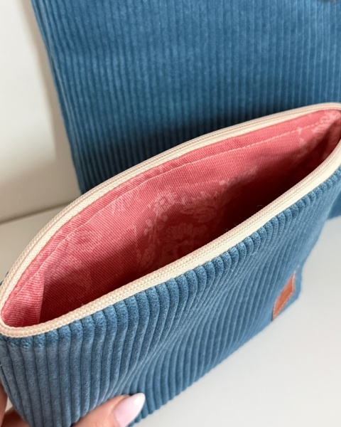 Sztruksowy zestaw - duża torba, nerka i kosmetyczka - NAVY BLUE